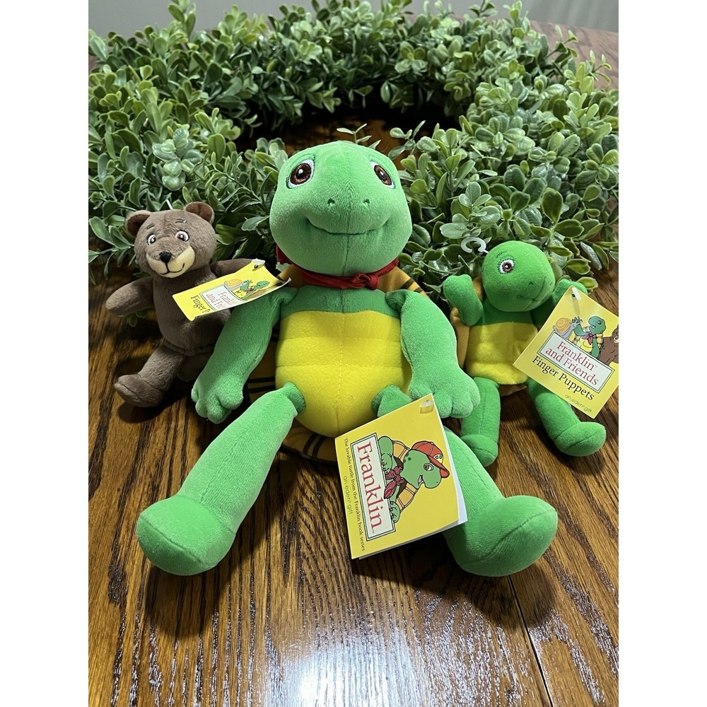 Franklin Turtle 8" Soft Plush  Scarf, Tag & Franklin & Bear Finger Puppet No Hat